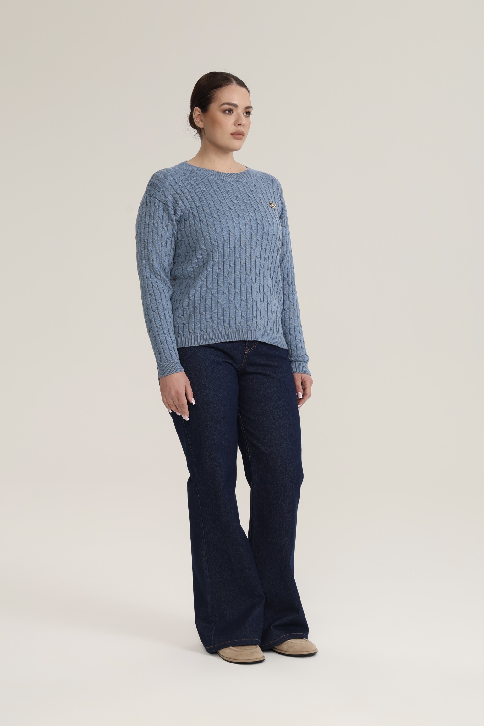 Джемпер с круглым вырезом косы, голубой