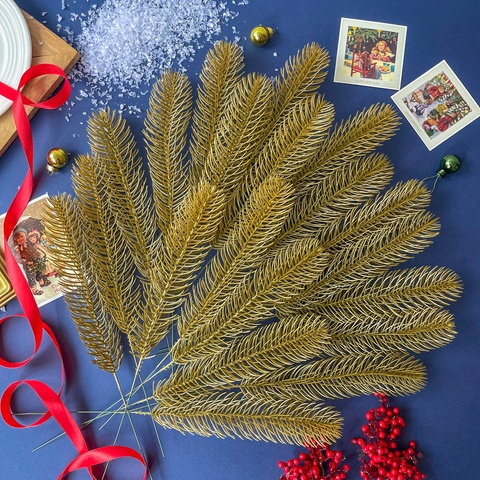 Еловая ветка, еловые лапки, рождественский декор, цвет под античное золото, 1 лапка 30 см, набор 20 шт.