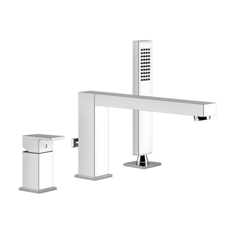 Gessi Rettangolo Смеситель для ванны на 3 отверстия, с переключателем, изливом 195мм и ручным душем, цвет: хром 20037#031