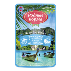 Родные Корма заморские паучи для кошек филе тунца с камбалой в желе по-тайски 70 г