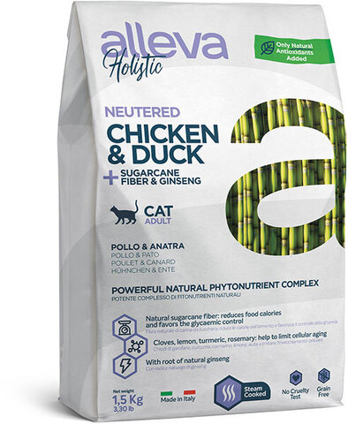 Alleva Holistic Cat Chicken & Duck + Sugarcane fiber & Ginseng Neutered, сухой (1,5 кг)