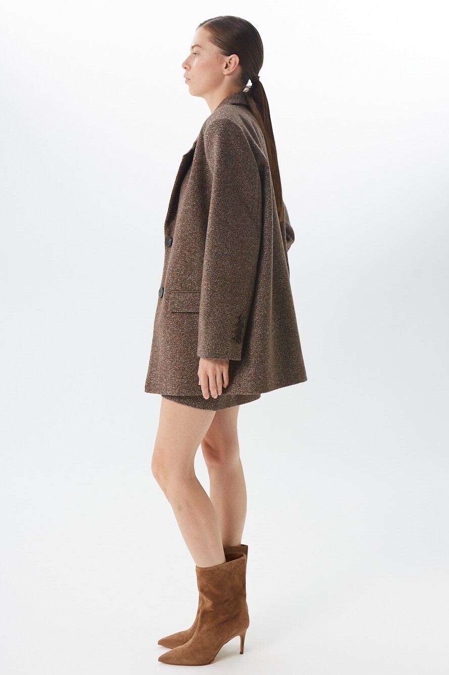 Пальто-пиджак женское, шерсть, коричневая елочка меланж