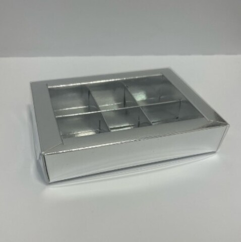 Короб для 6 конфет с пластиковой крышкой, серебро