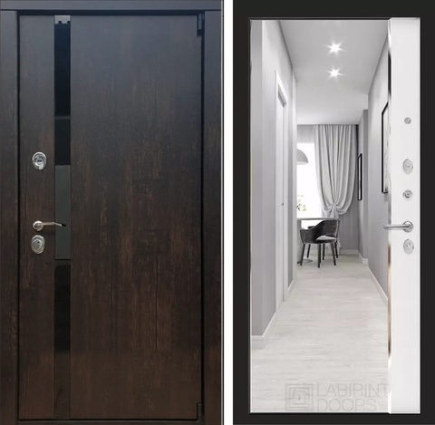 Входная металлическая дверь РЕКС 26 3К Тиковое дерево зеркальная вставка Панорама Белый софт