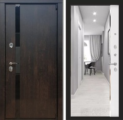 Входная металлическая дверь РЕКС 26 3К Тиковое дерево зеркальная вставка Панорама Белый софт