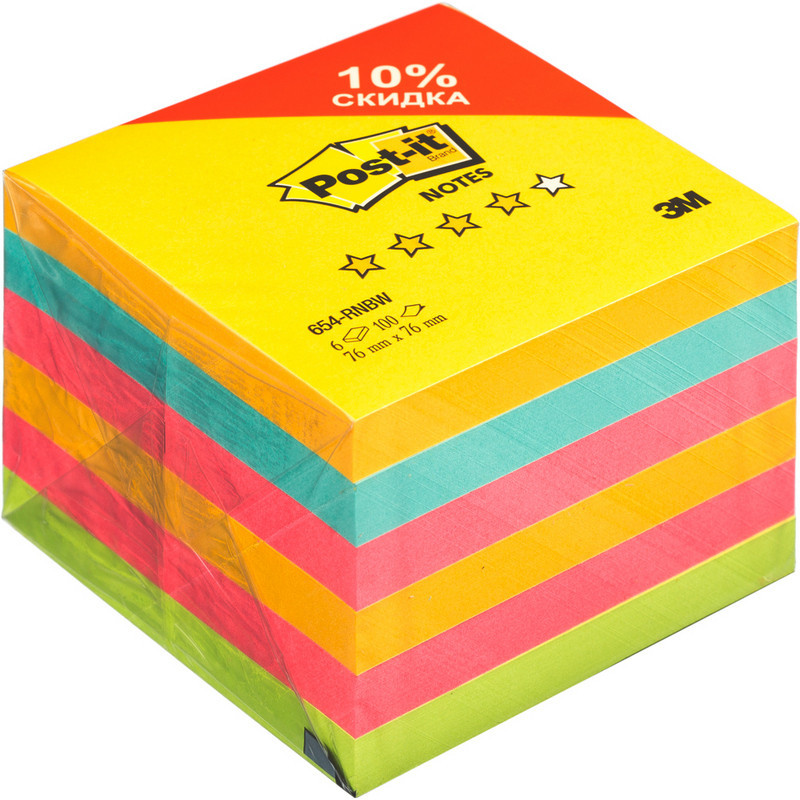 Стикеры Post-it Радуга плюс 76x76 мм неоновые 4 цвета (6 блоков по 100 листов)