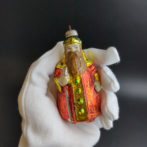 Ёлочная игрушка "Царь Дадон", "Сказка о Золотом петушке", стекло, подвесная, ручная роспись, винтаж СССР 1950-1970 гг