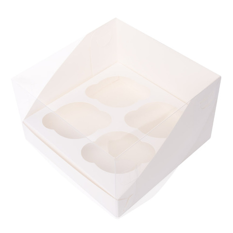 Коробка для 4 капкейков, белая с прозрачной крышкой