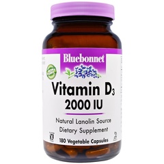 Bluebonnet Nutrition, Vitamin D3, 2,000 IU, 180 Vegetable Capsules