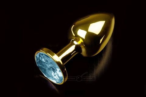 Маленькая золотистая анальная пробка с круглым кончиком и голубым кристаллом - 7 см. - Пикантные штучки DPRSG252WB