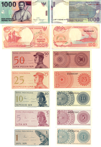 Индонезия. Банкноты разные 7 шт. 1,5,10,25,50 сен.1000,100 рупий 1964-2013 г. Пресс UNC