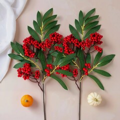 №2 Ягоды рябины на ветке, цвет красный, 53 см, набор 2 ветка.