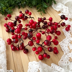 Ягоды рябина красно-бордовые искусственные на ветке, зонтиком, ягодки 0,9-1,5 см, набор 10 шт.