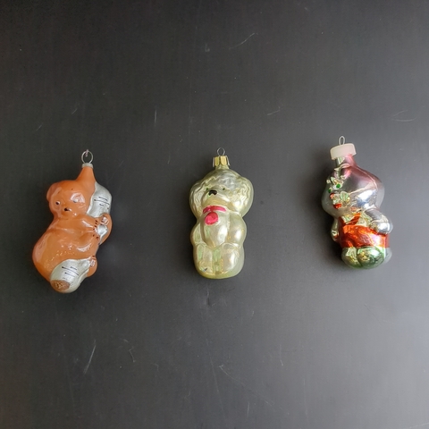 Ёлочные игрушки набор из 3х разных, мишка на березе, пудель, чипполино, стекло, подвесные, винтаж СССР 1960-1980 гг