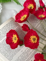 Мак искусственный, бархатистая ножка, 3 цветка + 1 бутон на ветке, 60 см, набор 3 ветки.