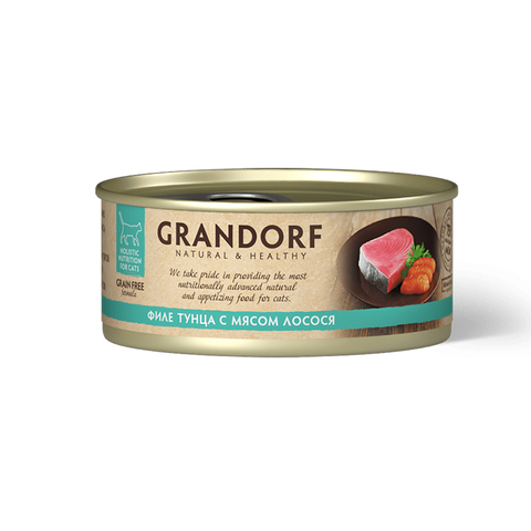 Влажный корм Grandorf tuna With Salmon In Broth, для кошек, филе тунца с мясом лосося, 70 г