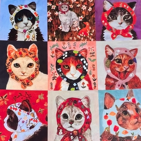 ПРЕДЗАКАЗ, Купон, 4 ряда КОШКИ В ПЛАТОЧКАХ красные АКВАРЕЛЬ 100% хлопок
