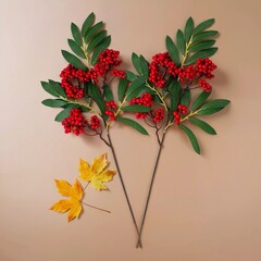 №2 Ягоды рябины на ветке, цвет красный, 53 см, набор 2 ветка.