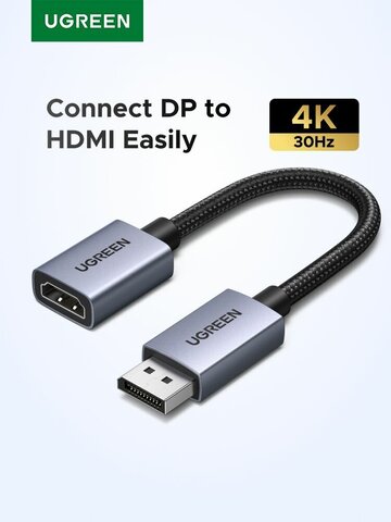 Кабель UGREEN DP133 (65982) DisplayPort to HDMI 4K Cable 2шт, 20см, серый космос
