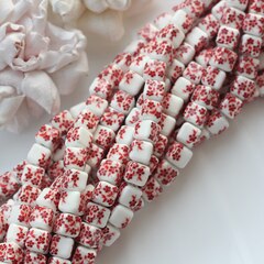 Бусина Кубик, керамика, белая с красной росписью, 8 мм, 1 шт, МК007