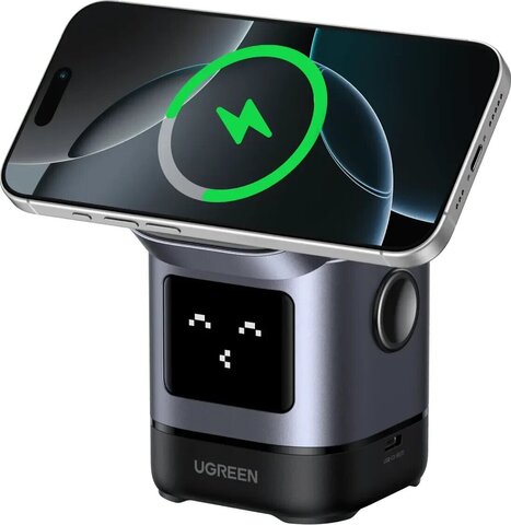 Беспроводная зарядка UGREEN W709 (45775) UNO 2-в-1 Robot Magnetic Wireless Charger 20W кабель 1м, серый