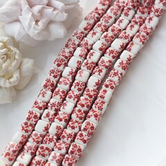 Бусина Кубик, керамика, белая с красной росписью, 8 мм, 1 шт, МК007