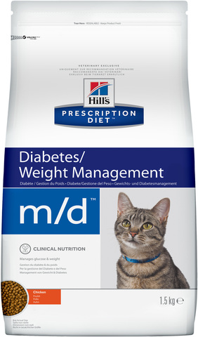 купить хиллс  диетический Hill’s™ Prescription Diet™ Feline m/d™Diabetes/Weight Management with Chicken сухой корм для взрослых кошек. диетический рацион при сахарном диабете, ожирении 1.5 кг