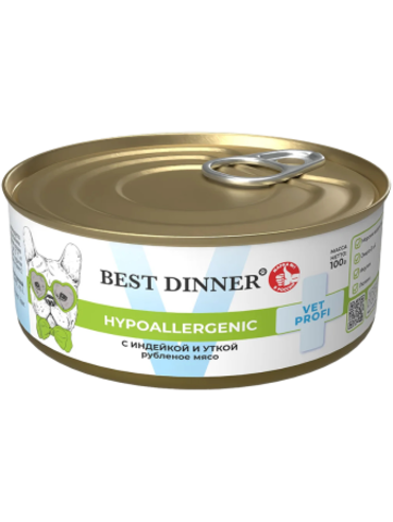 Best Dinner Vet Profi Hypoallergenic консервы для собак (индейка с уткой) 100 гр