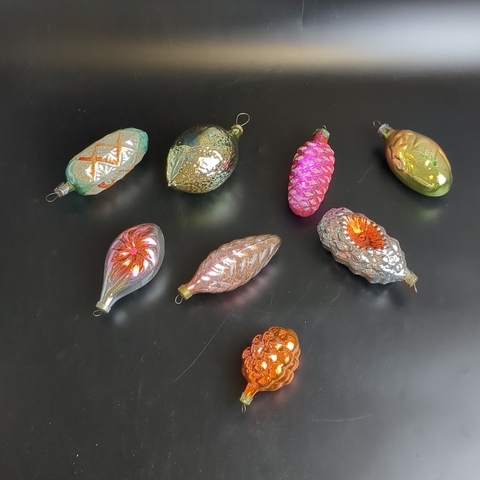 Ёлочные игрушки набор из 8 разных штук, листик, лимон, шишки и др, стекло, подвесные, ручная роспись, винтаж СССР 1970-1990 гг