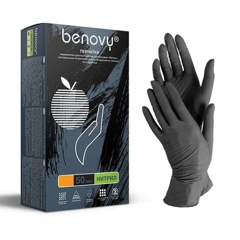 BENOVY, Перчатки нитриловые, размер XS. черные, 50 пар
