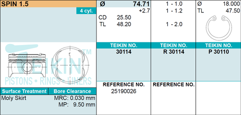 ПОРШЕНЬ STD GENTRA, COBALT ДВИГ B15D2 TEIKIN 74,71 1,0*1,2*2,0 (+ПАЛЕЦ)