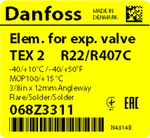 Корпус клапана Danfoss TX 2/TEX 2 068Z3311 (R22/R407C, MOP 100) с термочувствительным элементом под отбортовку/под пайку