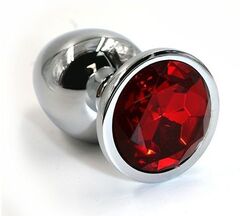 Серебристая алюминиевая анальная пробка с красным кристаллом