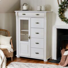 Комод деревянный Сюзанна 91х42х125 см, белый комод из массива сосны с 5-ю ящиками и дверью