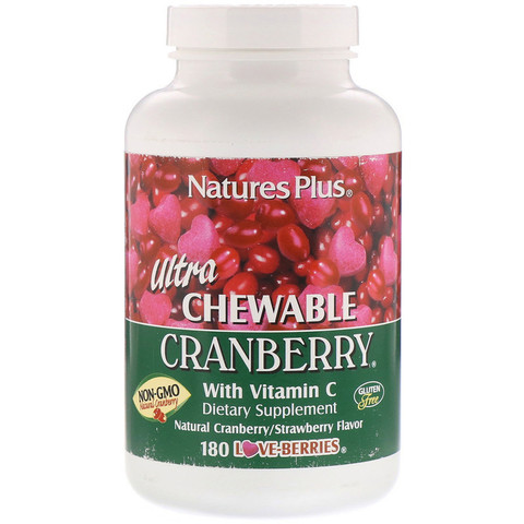 Nature's Plus, Ультра жевкие конфеты с клюквой и витамином С, натуральный вкус клюквы/клубники, 180 «любимых ягодок»