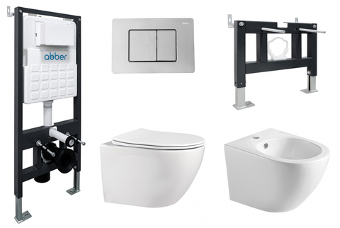 Abber AC1100-AC0105-AC0120-AC1150-AC0101P Комплект Abber унитаз AC1100 белый с инсталляцией AC0105 и кнопкой AC0120 хром, биде AC1150 с инсталляцией AC0101P