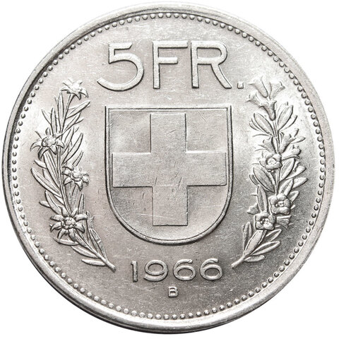 5 франков. Швейцария. Серебро. 1966 год. XF-AU
