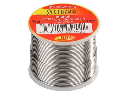 СВЕТОЗАР ПОС 61, 1 мм, 250 г, трубка с флюсом, катушка, припой (SV-55323-250)