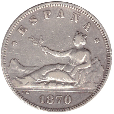 2 песеты 1870 год. Испания VF. Серебро