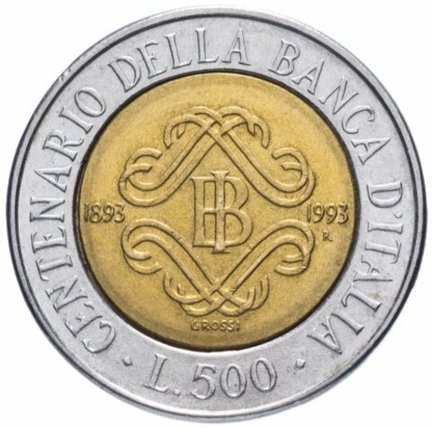 500 лир. 100 лет Банку Италии. Италия. 1993 год. XF-AU