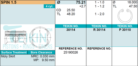 ПОРШЕНЬ 0,5 GENTRA, COBALT ДВИГ B15D2 TEIKIN 75,21 1,0*1,2*2,0 (+ПАЛЕЦ)