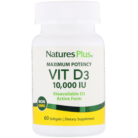 Nature's Plus, Максимальная эффективность, Вит. D3, 10 000 МЕ, 60 мягких таблеток