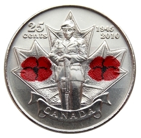 25 центов 2010 год 65-я Годовщина Победы во 2-й мировой войне (Цветная), Канада. UNC