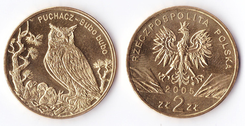 2 злотых Филин (животный мир) 2005 год, Польша. UNC