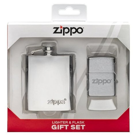 Подарочный набор ZIPPO: фляжка 89 мл и ветроустойчивая зажигалка Brushed Chrome, латунь/сталь, серебристый цвет (49098) | Wenger-Victorinox.Ru