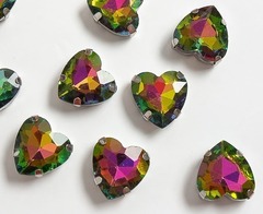 Стразы пришивные стекло в оправе "Сердечко", р. 12 мм, хамелеон