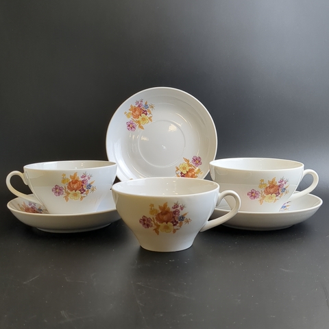Чайные пары набор на 3 персоны (6 предметов), деколь, цветы, Дулево ФЗ, винтаж СССР 1970-1991 гг