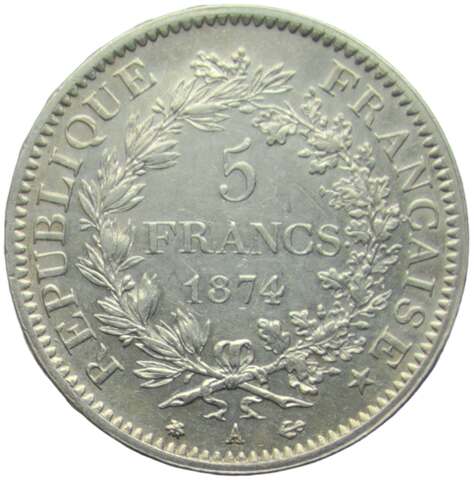 Франция 5 франков (francs) 1876 Геркулес, знак монетного двора: "A" - Париж (XF)