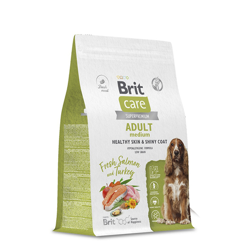 Корм Brit Care Dog Adult M Healthy Skin&Shiny Coat, лосось и индейка, для взр.собак сред.пород,1,5кг