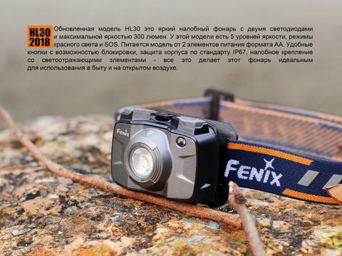 Фонарь светодиодный налобный Fenix HL30GY серый, 300 лм, 2-АА